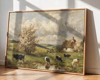 Cow Landscape Printable Wall Art, Pastoral Countryside Digital Download, Rustic Farm Animal Print