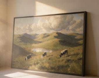 Pastoral Cows Landscape Printable Wall Art, Countryside Digital Download, Rustic Farmhouse Animal Print
