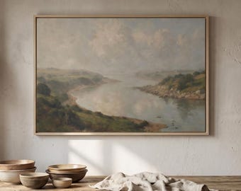 Misty River Landscape Printable Wall Art, Soft Countryside Digital Download, Neutral Vintage Nature Print