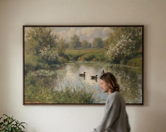 Ducks Pond Printable Wall Art, Cottagecore Pond Landscape Digital Download, Vintage Pastoral Bird Print