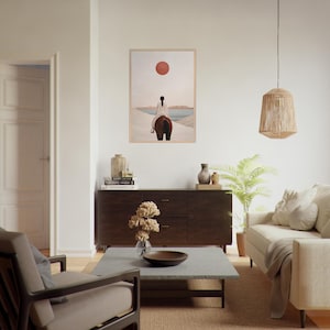 Ruhige Wüstenreise gerahmtes Poster - Ruhiges Kunstwerk mit Reiterfigur & Roter Sonne - Minimalistisches Dekor