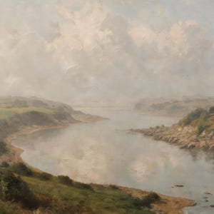 Puede incluir: Una pintura al óleo que representa un ancho río serpenteando a través de un paisaje de colinas verdes y orillas rocosas bajo un cielo nublado. El agua refleja la luz suave y el vasto cielo, con tonos tierra y verdes apagados.