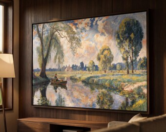 Pastoral River Landscape Matte Canvas Framed | Scenic Wall Art Print
