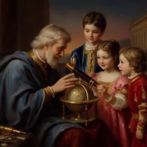 Puede incluir: Una pintura al óleo que representa a una persona mayor con cabello blanco y barba, vistiendo una túnica azul, mostrando un telescopio de latón y un globo terráqueo a tres niños con ropa de terciopelo. Incluye instrumentos científicos en una mesa.