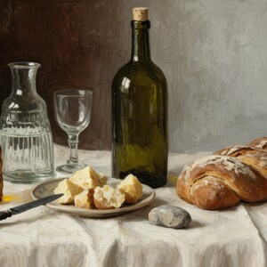 Op de afbeelding: Een stilleven met een donkergroene glazen fles met kurk, een heldere glazen karaf, een kleine amberkleurige glazen fles, een helder glazen kelk, een bord met stukjes brood, een mes met zwart handvat en een gevlochten brood.