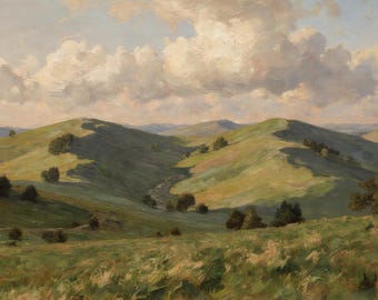 Sunlit Rolling Hills Printable Wall Art, Countryside Landscape Digital Download, Warm Pastoral Wall Decor