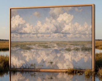 Coastal Marsh Landscape Printable Wall Art, Neutral Seaside Digital Download, Vintage Marshland Print