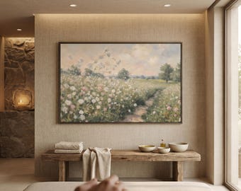 Wildflower Meadow Canvas Art | Pastel Floral Landscape Print, Cottagecore Decor