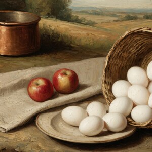 Puede incluir: Una pintura al óleo que muestra una cacerola de cobre, dos manzanas rojas sobre un paño beige doblado y una cesta de mimbre volcada sobre un plato, derramando numerosos huevos blancos sobre la superficie en un entorno de paisaje rústico.