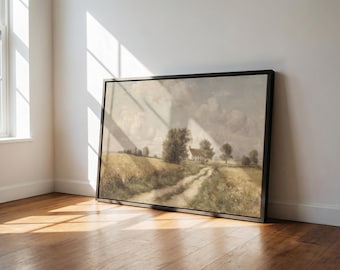 Country Cottage Landscape Art, Pastoral Farmhouse Field Scene (Digital Download)