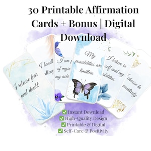 30 cartes d'affirmation imprimables | Jeu de cartes numérique aquarelle + fonds d'écran bonus pour téléphones et tablettes | Soins personnels, pleine conscience, positivité au quotidien