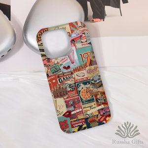 May include: A phone case featuring a retro collage design. The case is adorned with vintage advertisements, a red car, a milkshake, and the words "Music," "Garage," and "Detective Comics." The case has a glossy finish.