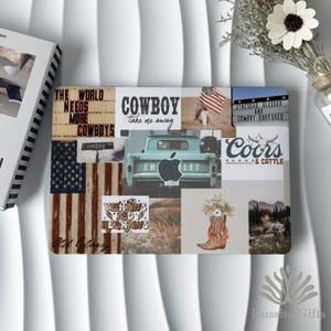 May include: A decorative laptop skin featuring a collage of cowboy-themed images. The design includes a vintage turquoise truck, an American flag, and the words "COWBOY" and "THE WORLD NEEDS MORE COWBOYS". The skin also features a cowboy boot with flowers.