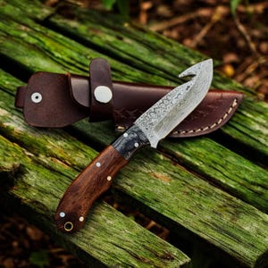 Hand Forged Damascus Steel Guthook Skinning Knife with sheath, Pocket Knife, Camping Knife, Best Gift for Men, Anniversary Gift, USA knives