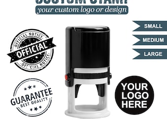 May include: A black and white custom stamp with the text "CUSTOM STAMP" and "your custom logo or design". The image also shows examples of stamp designs, including "OFFICIAL NOTICE" and "GUARANTEE BEST QUALITY". Available in small, medium, and large sizes.