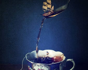 Still life, Tea Cup Photograph, Fine Art , Surreal, Whimsical, Ship, Boat, Vintage, Teacup, Drink, Kitchen, Dark, Blue, Sea, Adventure, Kids