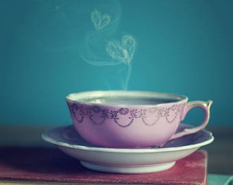 Teacup Photograph, Fine art photography, Love, hearts, smoke, valentines, old books, Print, photograph, photo, retro, gift for couple, tea
