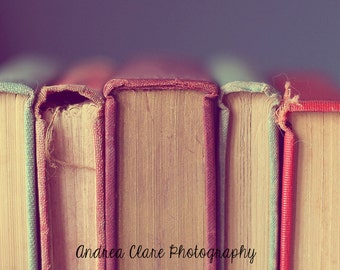 Old Books Photograph, Photography, Spines, Books, fray, antique, Old, Vintage, Color, Still life, rustic, library, book, green, red, print