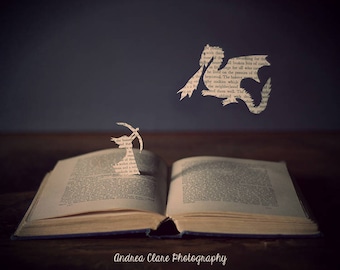 Book Photography, Print, Photo, Photograph, Surreal, Dragon, Silhouette, Fantasy, Bow and Arrow, Nursery, Decor, Home, Art, Gift, Reader