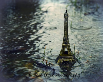 Mini Eiffel Tower, Fine Art Photography, Photograph, France, Architecture, Rain, Weather, Water, Blue, Dreary, Romantic, Raid drops