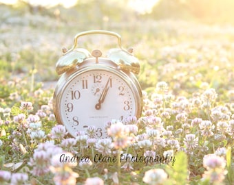 Clock Photograph, Fine Art Photography, Whimsical, Nursery Decor, Cinderella, Alice in Wonderland, Flowers, Gold, Home Decor, Gift, Summer