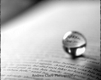 Wish, Fine Art Photograph, Reflection, Book, Photo, Print, Text, Glass Marble, Black White, Surreal, Still Life, Gift, reader, Whimsy