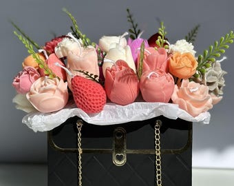 Candle bouquet in a gift bag made of rapeseed wax – handmade – flower candles bouquet with roses – decoration & gift idea