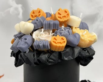 Halloween candle bouquet made of rapeseed wax in a black box – handmade – flower candle bouquet – decoration & gift idea