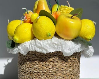 Fruit candle bouquet in a basket made of rapeseed wax – handmade – fruit candle bouquet with lemons – decoration & gift idea