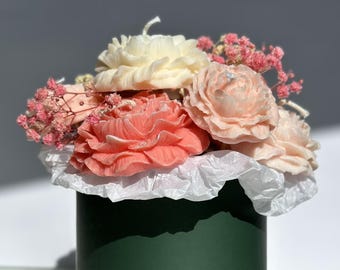 Rose candle bouquet in a cardboard box made of rapeseed wax – handmade – flower candle bouquet – decoration & gift idea