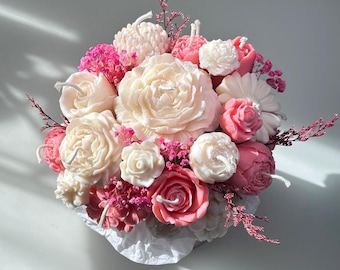 Kerzenstrauß in rosa Box aus Sojawachs – handgefertigt – Blumenkerzen Bouquet – kerzenblumenstrauß – Deko & Geschenkidee