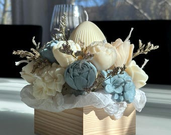 Easter candle bouquet – in a wooden box made of rapeseed wax – handmade – flower candles – gift idea – Easter decoration
