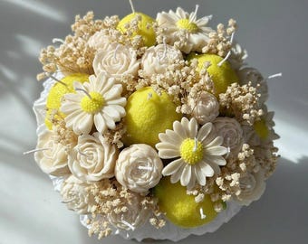 Candle bouquet in a rapeseed wax basket – handmade – flower candle bouquet with lemons – decoration & gift idea – candle flower bouquet