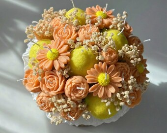 Candle bouquet in a rapeseed wax basket – handmade – flower candle bouquet with lemons – decoration & gift idea – candle flower bouquet