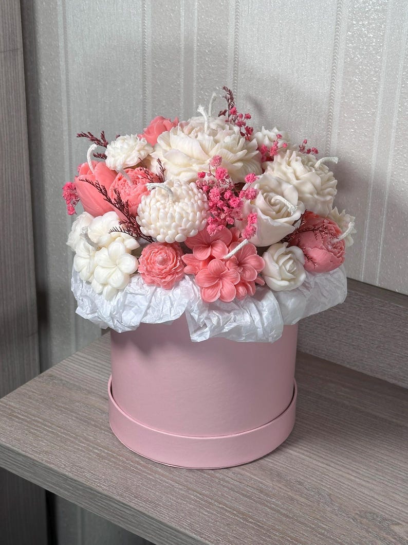 Candle bouquet in a pink rapeseed wax box – handmade – flower candle bouquet – candle flower bouquet – decoration & gift idea image 4