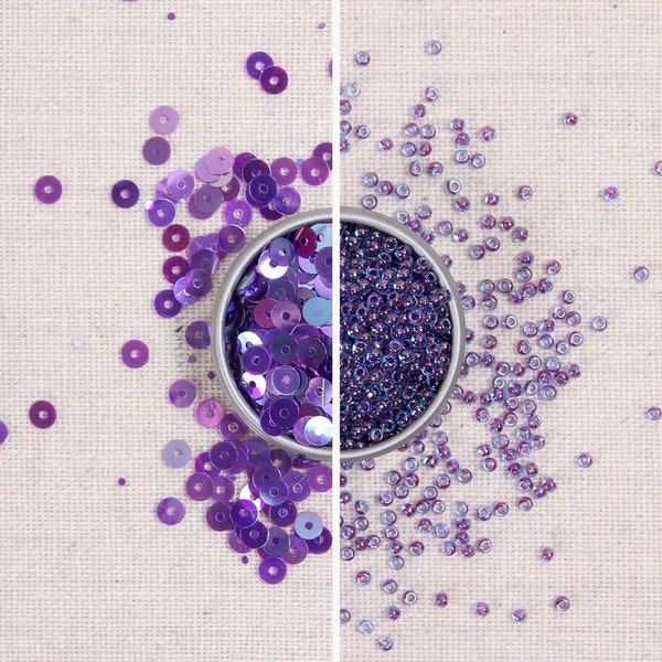 Sequins & Beads // Amethyst Iridescent Sequins, Amethyst Purple Seed Beads, 4mm Flat Loose Sequins, Sequin Appliqué, Glass Beads Size 11