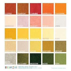 May include: A colour chart of 20 merino wool blend felt swatches. The swatches are arranged in five rows of four, with each row representing a different colour family. The colour families are: red, pink, yellow, beige, and green. The swatches are labelled with their corresponding colour names, such as "Copper", "Pumpkin", "Carmine", "Marigold", "Tangerine", "Meringue", "Oats", "Guava", "Peach", "Linen", "Golden", "Dandelion", "Lemonade", "Butter", "Ecru", "Shortbread", "Almond", "Ochre", "Mustard", "Bronze", "White Truffle", "Zucchini", "Meadow", "Moss", and "Fern".