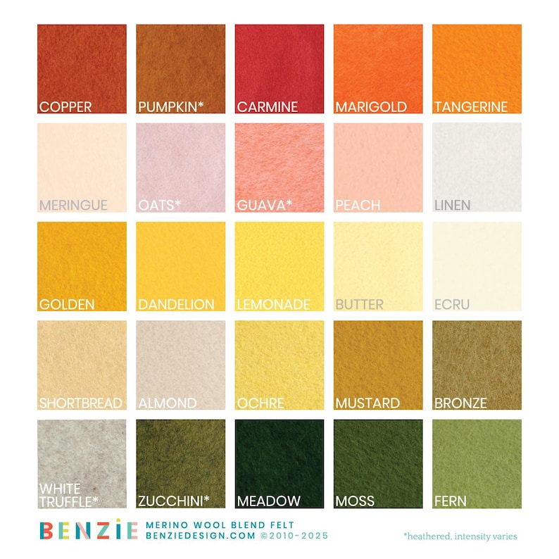 May include: A colour chart of 20 merino wool blend felt swatches. The swatches are arranged in five rows of four, with each row representing a different colour family. The colour families are: red, pink, yellow, beige, and green. The swatches are labelled with their corresponding colour names, such as "Copper", "Pumpkin", "Carmine", "Marigold", "Tangerine", "Meringue", "Oats", "Guava", "Peach", "Linen", "Golden", "Dandelion", "Lemonade", "Butter", "Ecru", "Shortbread", "Almond", "Ochre", "Mustard", "Bronze", "White Truffle", "Zucchini", "Meadow", "Moss", and "Fern".