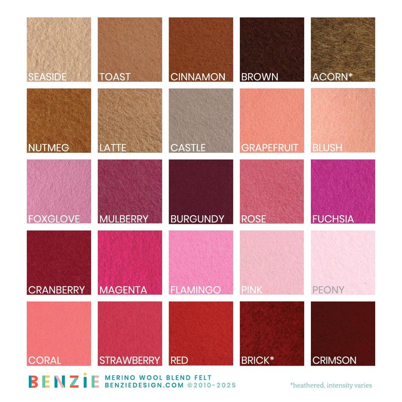 May include: A colour chart of 20 merino wool blend felt swatches in various shades of brown, pink, red, and orange. The swatches are labelled with names such as "Seashore", "Toast", "Cinnamon", "Brown", "Acorn", "Nutmeg", "Latte", "Castle", "Grapefruit", "Blush", "Foxglove", "Mulberry", "Burgundy", "Rose", "Fuchsia", "Cranberry", "Magenta", "Flamingo", "Pink", "Peony", "Coral", "Strawberry", "Red", "Brick", and "Crimson".
