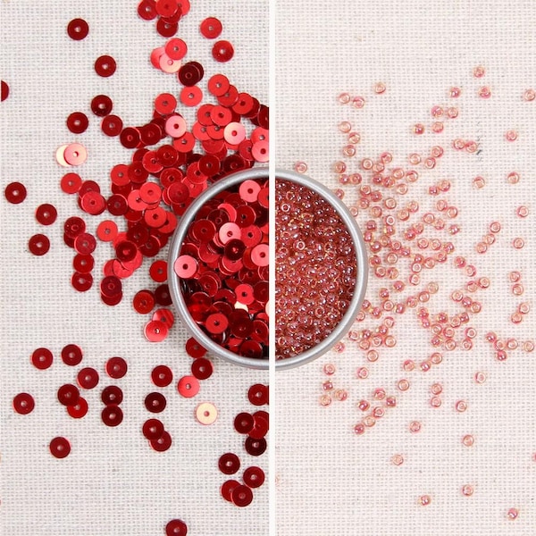 Sequins & Beads // Red Metallic Sequins, Red Seed Beads, 4mm Flat Loose Sequins, Sequin Appliqué Embellishment, Beads Size 11