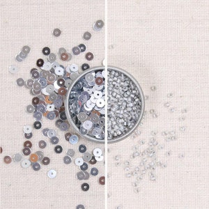Paillettes e perline // Paillettes metallizzate argento, Perline di semi iridescenti argento, Paillettes piatte da 4 mm, Perline di vetro Taglia 11, Paillettes sciolte Abito