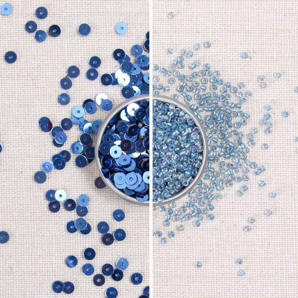 Sequins & Beads // Marine Blue Metallic Sequins, Blue Seed Beads, 4mm Flat Sequins, Sequin Appliqué, Felt Embellishment, Glass Beads Size 11