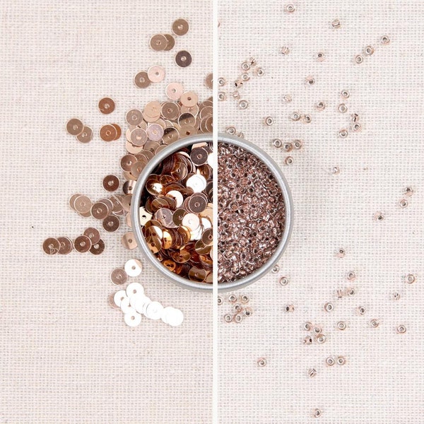 Sequins & Beads // Rose Gold Metallic Sequins, Rose Gold Seed Beads, Metallic 4mm Flat Sequins, Sequin Supplier, Glass Beads Size 11