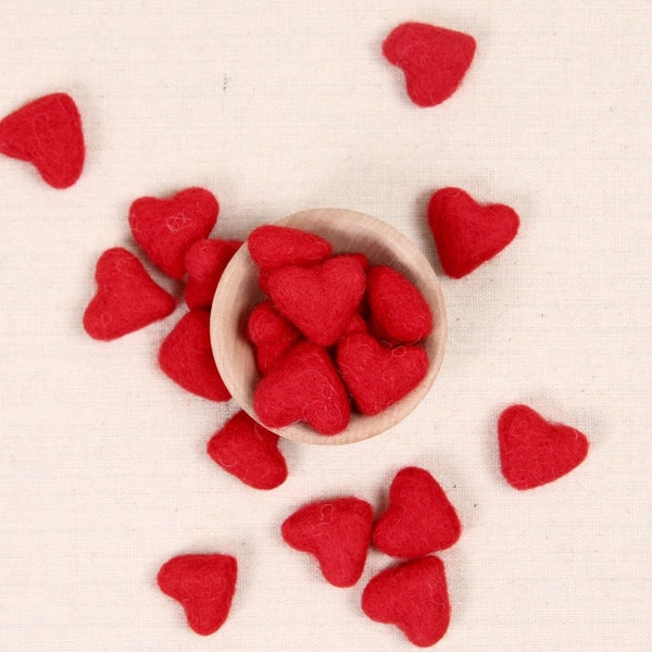 Felt Heart, Tiny Red Bundle // Felt Shapes // Red Heart Wool Beads, Tiny Hearts, Valentine Decorations, Heart Pom Poms, Baby Mobile