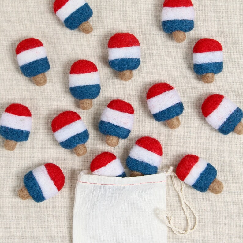 Red, White Blue Popsicles // Felt Shapes // Wool Popsicle, Felt Pom Poms, DIY Garland, Mini Felt Popsicle, Photo Props, Popsicle Decor image 2