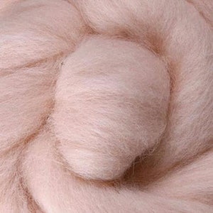 May include: A close-up of a soft, light pink wool roving. The wool is fluffy and textured, perfect for felting or spinning.