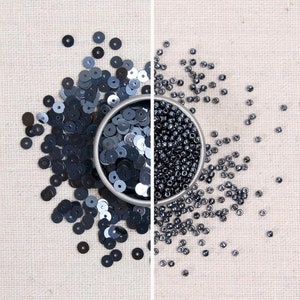 May include: A split image showcases two types of dark gray craft supplies. On the left, a collection of flat, round sequins are scattered. On the right, a metal bowl is filled with small, round beads, with some beads scattered around the bowl.
