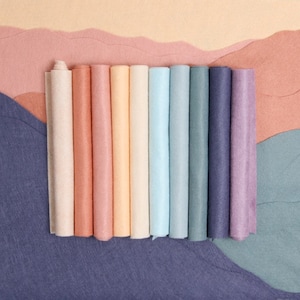 May include: Ten rolls of felt fabric in various colors, including beige, peach, pink, light orange, yellow, light blue, blue, teal, navy, and lavender. The rolls are arranged in a row on a textured background.
