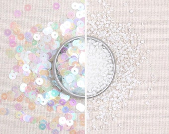 Sequins & Beads // Moonstone Sequins, Rainbow Seed Beads, 4mm Flat Sequins, Sequin Appliqué, Glass Beads Size 11, Iridescent, Translucent