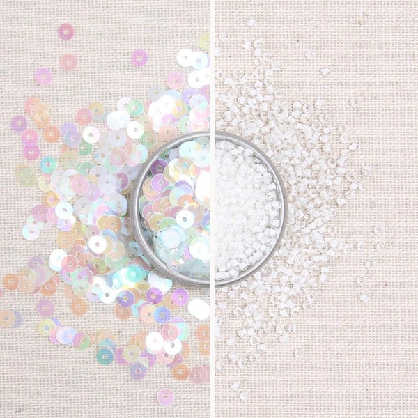 Sequins & Beads // Moonstone Sequins, Rainbow Seed Beads, 4mm Flat Sequins, Sequin Appliqué, Glass Beads Size 11, Iridescent, Translucent